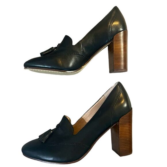 Lands End Stowe High Heel Tassle Shoes Black Leather Pumps Block Heel Womens 9.5 - Picture 7 of 9
